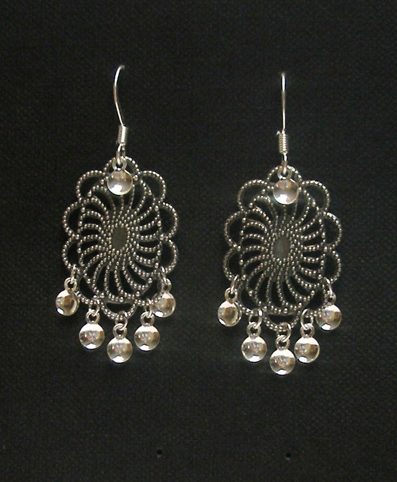 Agnete Antique Silver Plated Oval Filigree Traditional Norwegian Sølje Style Earrings with Silver Drops image 2