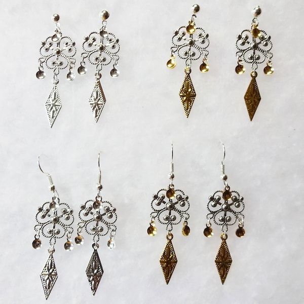 Vilde - Lovely Cathedral Style Traditional Norwegian Sølje Cloverleaf Earrings with Gold or Silver Drops