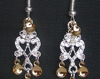 Karita - Lovely Traditional Norwegian Sølje Style  Heart Chandelier Earrings with Golden Drops