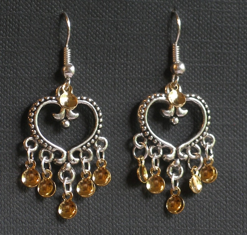 Emilie Antique Silver Plated Heart Traditional Norwegian Sølje Style Earrings with golden drops image 1