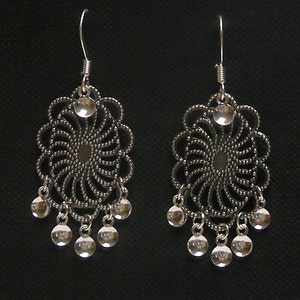 Agnete Antique Silver Plated Oval Filigree Traditional Norwegian Sølje Style Earrings with Silver Drops image 4