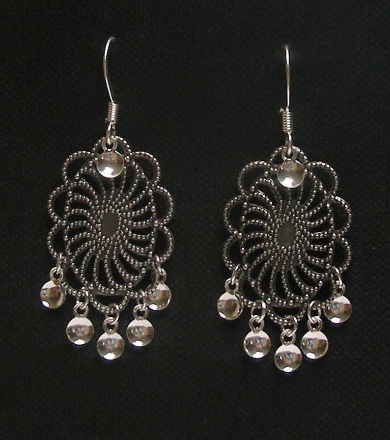 Agnete Antique Silver Plated Oval Filigree Traditional Norwegian Sølje Style Earrings with Silver Drops image 4
