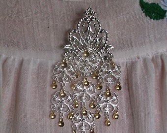 Ingebjorg - Lovely Traditional Norwegian Sølje Style Silver Plated Filigree Crown and Heart Bunad Brooch Pin with Gold Drops