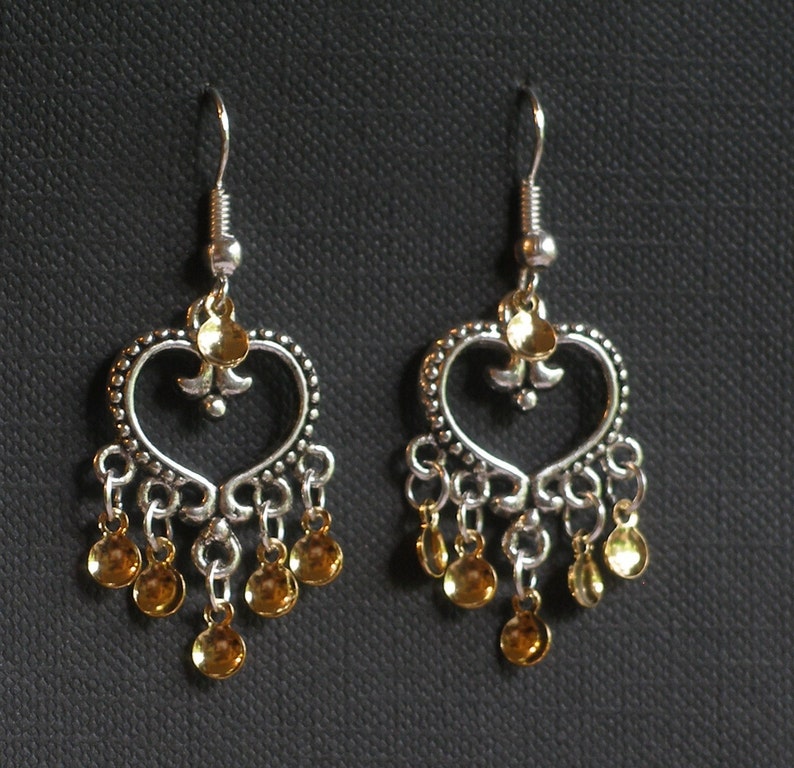 Emilie Antique Silver Plated Heart Traditional Norwegian Sølje Style Earrings with golden drops image 2