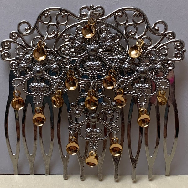 Aveline - Lovely Traditional Norwegian Sølje Style Silver Plated Filigree Hair Comb with Gold Drops
