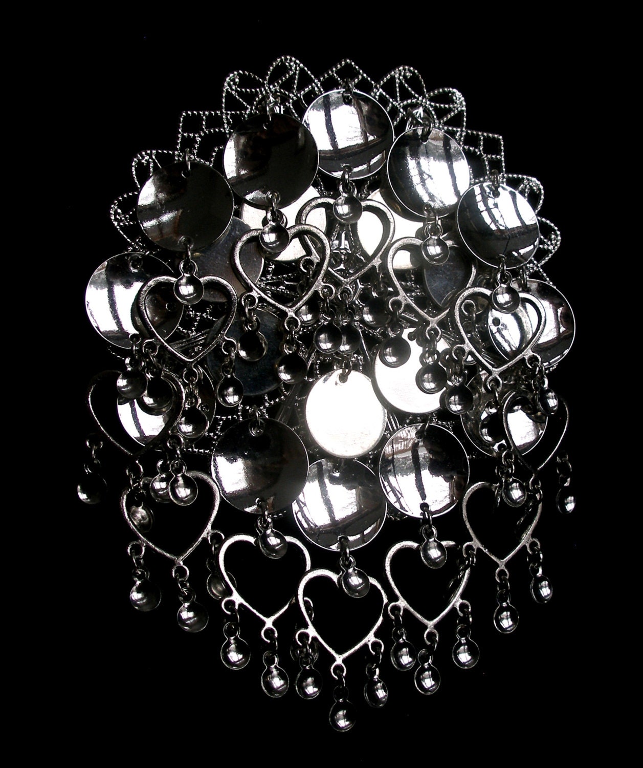 Synnove - Sami Risku Style Norwegian Solje Silver Plated Filigree Bunad Brooch Pin with Silver Plated Hearts, Discs and Drops
