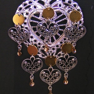 Helene - Heart Shaped Norwegian Sølje Style Silver Plated Filigree Bunad Brooch Pin with 6 Gold Discs, Filigree hearts & Gold Drops