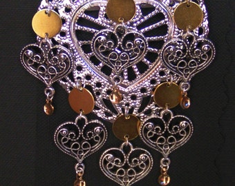 Helene - Heart Shaped Norwegian Sølje Style Silver Plated Filigree Bunad Brooch Pin with 6 Gold Discs, Filigree hearts & Gold Drops