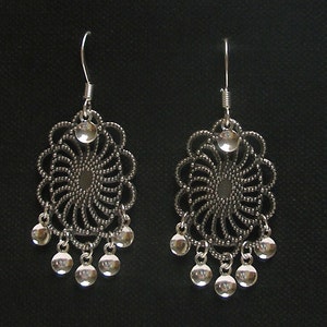 Agnete Antique Silver Plated Oval Filigree Traditional Norwegian Sølje Style Earrings with Silver Drops image 1