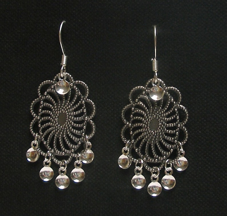 Agnete Antique Silver Plated Oval Filigree Traditional Norwegian Sølje Style Earrings with Silver Drops image 1