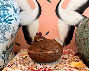 Vintage Stoneware Hen on Nest Candy Dish, Farmhouse Decor