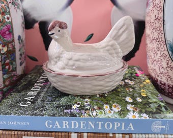 Vintage Ceramic Hen on Nest Candy Dish: Farmhouse Decor