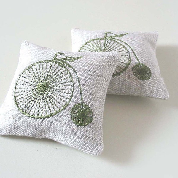 RESERVED Lavender Sachets VICTORIAN BICYCLE- Set of Two Linen Embroidered Cushions