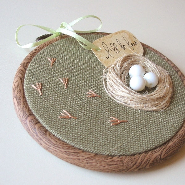 Organic Olive Hand Embroidered Wall Hanging Nest with White Eggs- LILLY'S NEST - tbteam - RESERVED