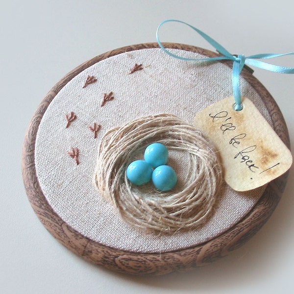 Organic Hand Embroidered Wall Hanging Nest with Robin Eggs- I WILL BE BACK - tbteam