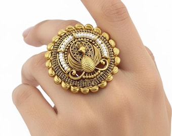 Antique Peacock Ring – Adjustable Matte Gold Plated Statement Ring | Indian Heritage