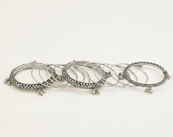 Oxidised Silver Ghungroo Bangle Set – 11 Pc Mixed Stack with Rhodium Plating