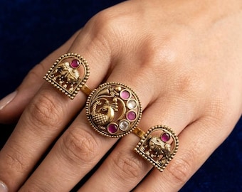 Antique Double Finger Ring Set – Peacock & Elephant Motif with Kundan Stones