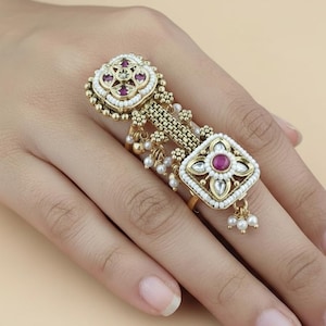 Temple Jewelry Double Finger Ring – Gold Plated Kundan with Pearl Accents