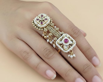 Temple Jewelry Double Finger Ring – Gold Plated Kundan with Pearl Accents