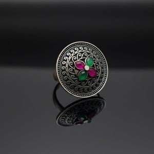 Vintage Temple Ring Oxidized Silver Statement Ring with Ruby and Emerald Stones