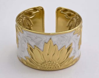 Gold Tone Sunflower Cuff Kada White Enamel Open-Back Bracelet