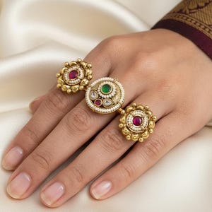 Gold Plated Double Finger Ring – Kundan Ruby Green Pearl Indian Bridal Jewelry