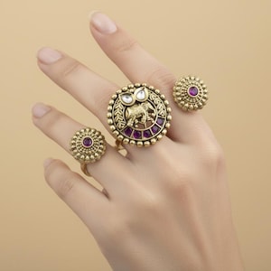 Antique Double Finger Ring Set Elephant Motif Kundan with Ruby & Floral Side Rings