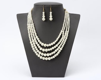 5-Strand Graduated Pearl Necklace Set – Multi-Layer Glass Pearl Beads with Drop Earrings