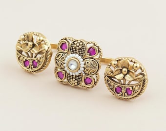 Antique gold plated Linked Finger Ring Set – Kundan Floral Square with Ruby & Pearl Halo