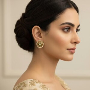 Antique Kundan Floral Mandala Disc Stud Earrings Ruby, Emerald & CZ with Pearl Border