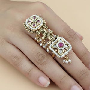 Temple Jewelry Double Finger Ring Gold Plated Kundan with Pearl Accents
