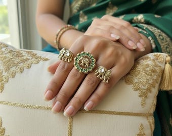 Elephant Two Finger Ring | Antique gold Plated Adjustable Temple Jewelry