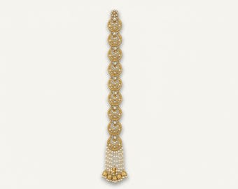 Kundan Chand Bridal Choti – Polki Crescent Braid Jewellery with Pearl Jhumki Tassels & Gold Plating