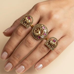 Antique Double Finger Ring Set Peacock and Elephant Motif with Kundan Stones