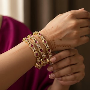 Gold Ruby CZ Bangles for Women | Classic Kada Red Stone Wedding Jewelry Pair