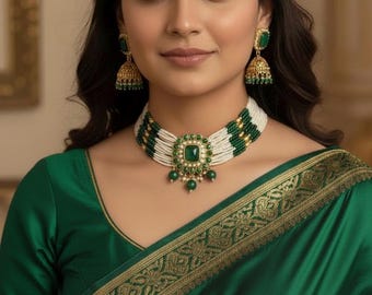Green Kundan Choker Necklace Set with Pearl Strands and Jhumka Earrings