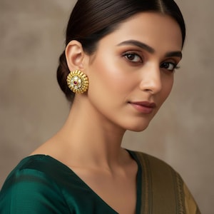 Temple Jewelry Stud Earrings - Gold Plated Kundan Stone Round Tops | Indian Bridal Antique Earrings