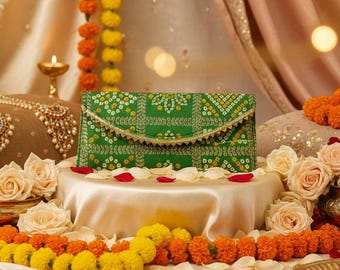 Bandhani Envelope Clutch with Golden Lace Trim - Traditional Tie-Dye Purse