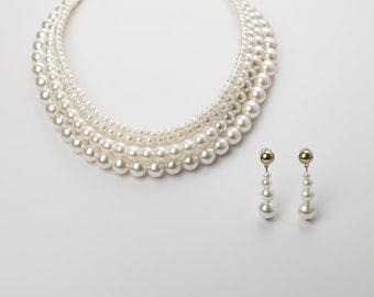 4-Strand Graduated Pearl Choker Necklace Set – Layered Bib with Matching Drop Earrings