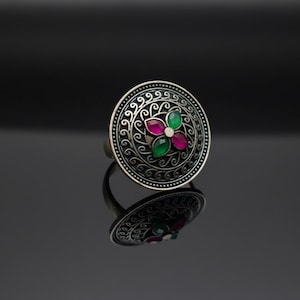 Vintage Temple Ring Oxidized Silver Statement Ring with Ruby and Emerald Stones