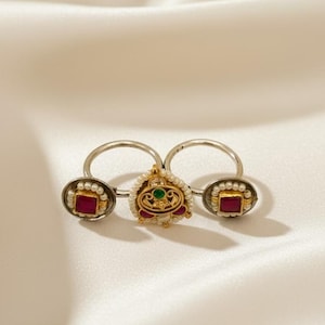 Antique Temple Two Finger Ring - Adjustable Ruby Emerald Statement Ring with Pearl Detailing