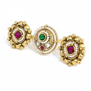 Gold Plated Double Finger Ring – Kundan Ruby Green Pearl Indian Bridal Jewelry