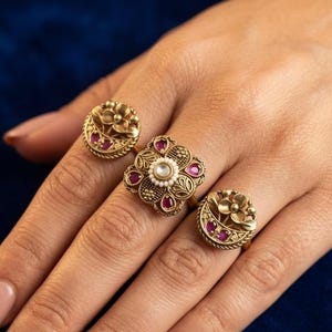 Antique gold plated Linked Finger Ring Set Kundan Floral Square with Ruby & Pearl Halo