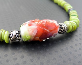 Pink Lampwork with Green Turmaline Necklace