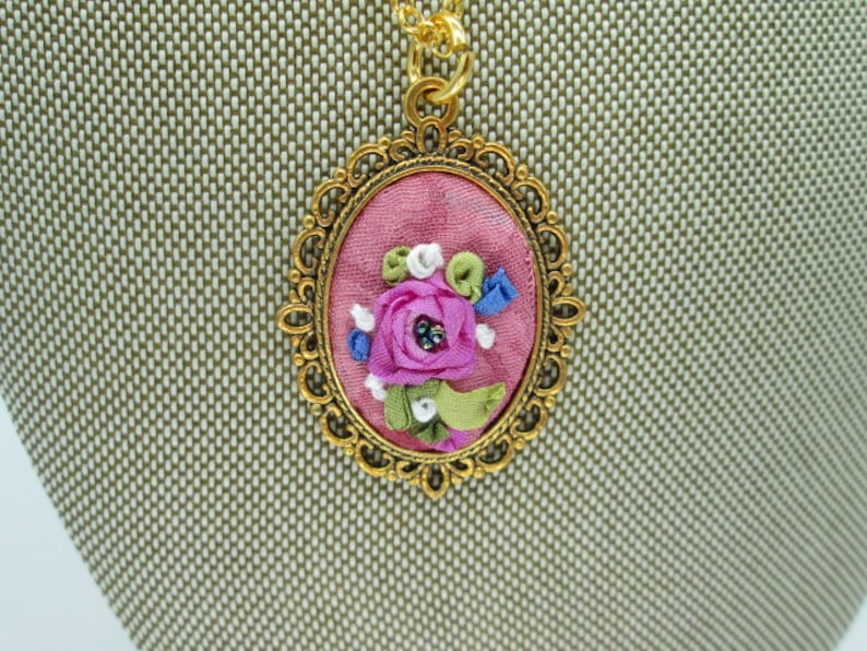 fuschia silk ribbon rose Valentines gift for her hand embroidery fabric necklace shabby chic hand dyed silk pendant beaded