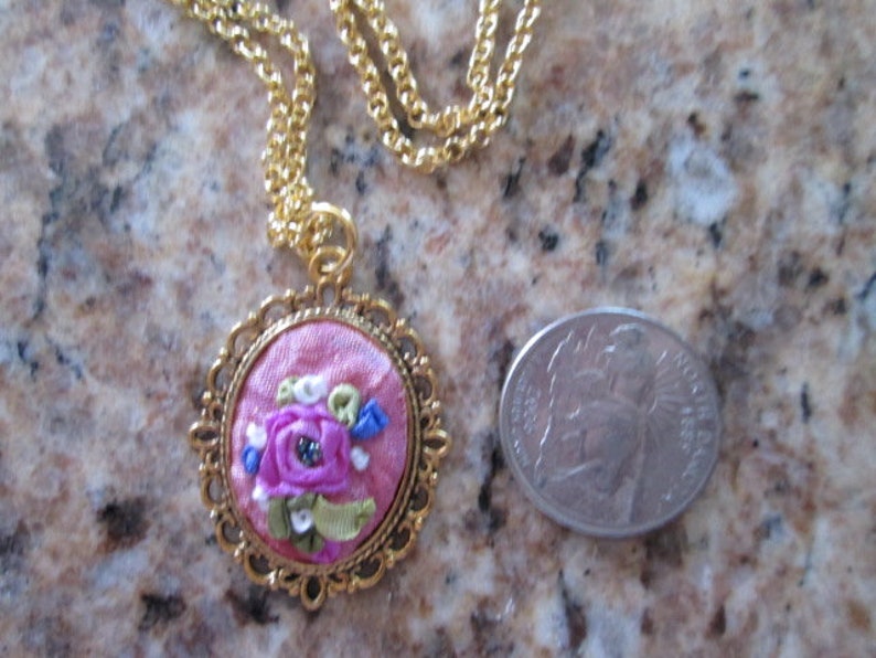 fuschia silk ribbon rose Valentines gift for her hand embroidery fabric necklace shabby chic hand dyed silk pendant beaded