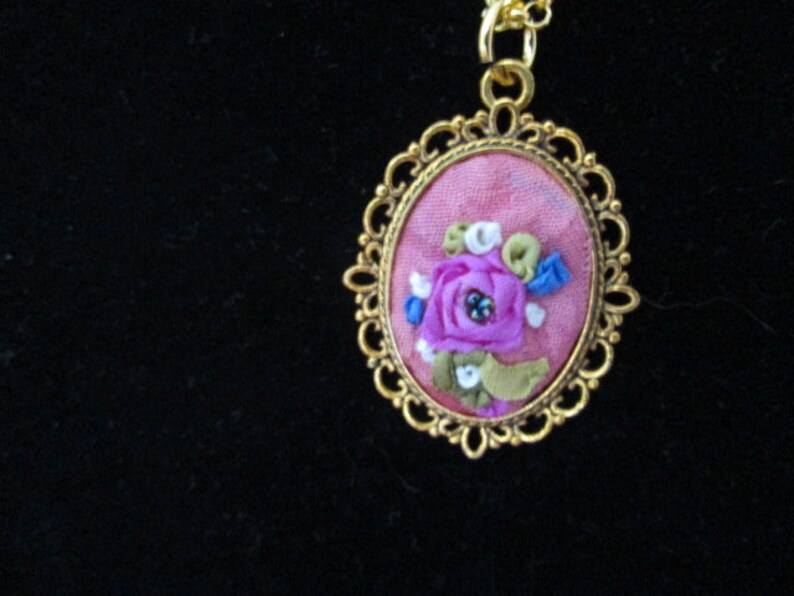 fuschia silk ribbon rose Valentines gift for her hand embroidery fabric necklace shabby chic hand dyed silk pendant beaded