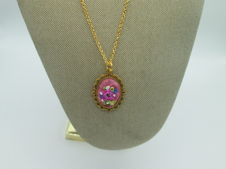 fuschia silk ribbon rose Valentines gift for her hand embroidery fabric necklace shabby chic hand dyed silk pendant beaded