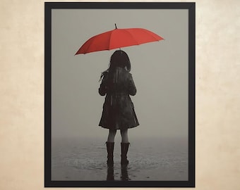 Girl with Red Umbrella – Minimalist Rainy Day Art Print